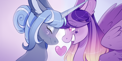 Size: 1300x650 | Tagged: safe, artist:sararini, oc, oc only, pegasus, pony, unicorn, blushing, ear fluff, ears, eyes closed, female, gradient background, grin, heart, lesbian, mare, oc x oc, shipping, smiling