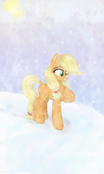 Size: 360x600 | Tagged: safe, artist:darklight1315, applejack, earth pony, pony, cute, dock, jackabetes, missing cutie mark, snow, snowfall, solo