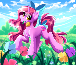 Size: 1280x1108 | Tagged: safe, artist:airiniblock, oc, oc only, oc:candy heart, pony, unicorn, bow, cute, eyeshadow, female, flower, flower in mouth, grass field, hair bow, looking at you, makeup, mare, mouth hold, rcf community, sky, solo, tail bow