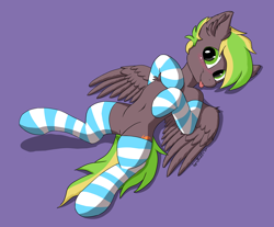 Size: 2900x2400 | Tagged: safe, artist:blackice, oc, oc only, oc:lightflare, pegasus, pony, belly button, blushing, chest fluff, clothes, cute, ear fluff, looking at you, lying down, male, on back, simple background, socks, solo, striped socks, tongue out