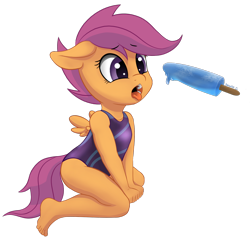 Size: 1718x1688 | Tagged: safe, artist:salemcat, scootaloo, anthro, pegasus, plantigrade anthro, clothes, cute, cutealoo, feet, female, filly, floppy ears, food, ice cream, not porn, one-piece swimsuit, open mouth, phallic symbol, popsicle, simple background, solo, suggestive eating, swimsuit, tongue out, transparent background