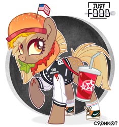 Size: 1280x1370 | Tagged: safe, artist:syriskater, oc, oc only, oc:patty (ice1517), earth pony, pony, american flag, bag, burger, cheese, clothes, coat markings, converse, cup, female, flag, food, freckles, hat, heart eyes, jersey, ketchup, lettuce, mare, raised hoof, sauce, shoes, socks, soda, solo, tomato, wingding eyes