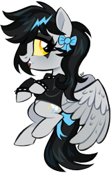 Size: 415x644 | Tagged: safe, artist:cryptidcake, oc, oc only, oc:lightning dee, pegasus, pony, bow, choker, clothes, colored sclera, commission, eyeshadow, fangs, female, hoodie, makeup, mare, simple background, solo, spiked choker, spiked wristband, spread wings, tail bow, transparent background, wings, wristband, ych result