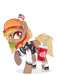 Size: 1280x1647 | Tagged: safe, alternate version, artist:syriskater, oc, oc only, oc:patty (ice1517), earth pony, pony, american flag, bag, burger, cheese, clothes, coat markings, converse, cup, female, flag, food, freckles, hat, heart eyes, jersey, ketchup, lettuce, mare, raised hoof, sauce, shoes, simple background, socks, soda, solo, tomato, transparent background, wingding eyes