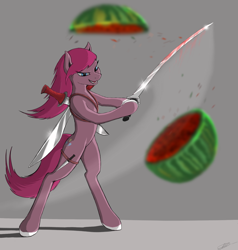 Size: 1546x1625 | Tagged: safe, artist:vladimir-olegovych, pinkie pie, earth pony, pony, bipedal, food, pinkamena diane pie, solo, sword, watermelon, weapon