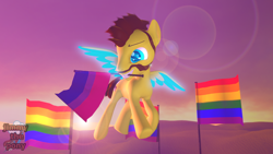 Size: 1280x720 | Tagged: safe, artist:sky chaser, oc, oc only, oc:sky chaser, pegasus, pony, 3d, beard, bisexual pride flag, facial hair, flag, gay pride flag, glow, glowing eyes, glowing wings, male, pride, pride flag, pride month, proud, solo, source filmmaker, stallion, wings