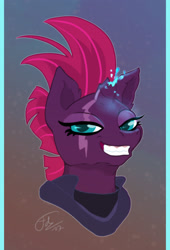 Size: 1589x2342 | Tagged: safe, artist:thefredricus, tempest shadow, pony, unicorn, my little pony: the movie, broken horn, bust, evil grin, eye scar, female, gradient background, grin, gums, head only, horn, looking at you, mare, portrait, scar, smiling, smug, smugest shadow, solo, sparking horn