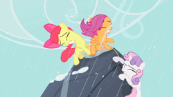 Size: 1280x720 | Tagged: safe, screencap, apple bloom, scootaloo, sweetie belle, earth pony, pegasus, pony, unicorn, the show stoppers, cutie mark crusaders, female, filly, foal, rope, snow, trio, wind