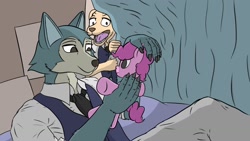 Size: 1280x723 | Tagged: safe, artist:m3g4p0n1, pinkie pie, anthro, dog, wolf, barely pony related, beastars, bed, jack (beastars), legosi (beastars), plushie, shocked, shocked expression