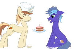 Size: 2062x1318 | Tagged: safe, artist:dash wang, oc, oc only, oc:cream brun, oc:memory mark, unicorn, birthday, cake, candle, food, magic, simple background, transparent background