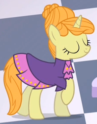 Size: 227x290 | Tagged: safe, screencap, primrose, pony, unicorn, the best night ever, clothes, cropped, dress, eyes closed, female, mare, raised hoof, solo