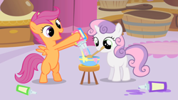 Size: 1280x720 | Tagged: safe, screencap, scootaloo, sweetie belle, pegasus, pony, unicorn, the show stoppers, bipedal, bowl, duo, female, filly, foal, hoof hold, mixing, mouth hold, stool