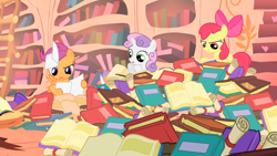 Size: 1280x720 | Tagged: safe, screencap, apple bloom, scootaloo, sweetie belle, earth pony, pegasus, pony, unicorn, the show stoppers, book, bookshelf, cutie mark crusaders, female, filly, foal, golden oaks library, library, mess, scroll, trio