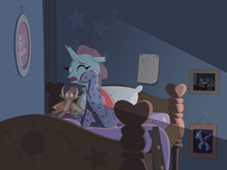 Size: 8000x6000 | Tagged: safe, artist:gd_inuk, gallus, ocellus, silverstream, smolder, changedling, changeling, classical hippogriff, dragon, griffon, hippogriff, absurd resolution, bed, bedroom, blanket, bunk bed, clothes, cute, diaocelles, doll, droste effect, female, footed sleeper, implied gallstream, implied smolcellus, ladder, lighting, no dialogue, one eye closed, open mouth, pajamas, paper, picture frame, pillow, plushie, recursion, sitting, sleepy, solo, tired, toy, when you see it, yawn