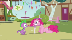 Size: 1280x720 | Tagged: safe, derpibooru import, screencap, pinkie pie, spike, dragon, earth pony, pony, too many pinkie pies, baby, baby dragon, claws, crouching, depressed, duo, female, floppy ears, head down, head on table, male, mare, ponyville, sad, sign, table