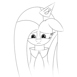 Size: 2000x2000 | Tagged: safe, artist:visionwing, oc, oc:visionmena, pony, birthday, black and white, clothes, grayscale, hat, monochrome, party hat, sad, shirt