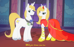 Size: 2786x1773 | Tagged: safe, artist:eqamrd, prince blueblood, princess bluebelle, pony, unicorn, bedroom eyes, blonde, canterlot castle, clothes, cutie mark, dress, duality, evening dress, female, flower, gala dress, grand galloping gala, happy birthday mlp:fim, implied selfcest, implied transformation, implied transgender, implied transgender transformation, jewelry, looking at you, magic, male, mare, mlp fim's ninth anniversary, prince, princess, rose, royalty, rule 63, self ponidox, selfcest, shipping, stallion, text, tongue out