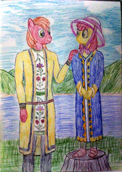 Size: 2960x4160 | Tagged: safe, artist:mildgyth, apple bloom, big macintosh, anthro, plantigrade anthro, belt, clothes, cloud, dress, female, hat, lake, male, mountain, pants, shoes, traditional art, tree stump, ziragshabdarverse