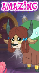 Size: 168x311 | Tagged: safe, edit, yona, yak, the last problem, amazing, bow, cloven hooves, cropped, female, gameloft, hair bow, horns, jewelry, looking at you, meme, monkey swings, older, older yona, solo, wow! glimmer