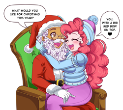 Size: 2900x2600 | Tagged: safe, artist:lucy-tan, pinkie pie, oc, oc:copper plume, human, blushing, canon x oc, chair, christmas, clothes, coat, commission, commissioner:imperfectxiii, copperpie, costume, cute, diapinkes, eyes closed, fake beard, fake moustache, female, freckles, glasses, gloves, hat, holiday, hug, humanized, male, one eye closed, open mouth, plump, santa costume, santa hat, shipping, simple background, sitting on lap, sitting on person, smiling, speech bubble, straight, white background, winter outfit