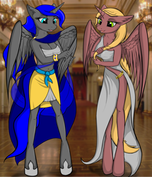 Size: 2947x3432 | Tagged: safe, artist:vladimir-olegovych, oc, oc only, oc:techno universal, alicorn, anthro, unguligrade anthro, alicorn oc, anthro oc, belly button, bracelet, breasts, cape, cleavage, clothes, dress, duo, fashion, female, hoof shoes, jewelry, mare, midriff, shoes, side slit, skirt