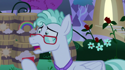 Size: 1920x1080 | Tagged: safe, screencap, feather flatterfly, pegasus, pony, the summer sun setback, anxious, barrel, bush, canterlot, card, flower, folded wings, glasses, hoof hold, looking at someone, male, necktie, night, open mouth, rose, solo, wings