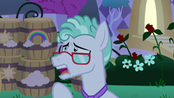 Size: 1920x1080 | Tagged: safe, screencap, feather flatterfly, pegasus, pony, the summer sun setback, anxious, barrel, bush, canterlot, flower, glasses, looking at someone, male, necktie, open mouth, pegasis, rose, scared, solo