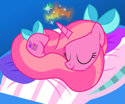 Size: 979x816 | Tagged: safe, artist:csillaghullo, oc, oc only, oc:candy heart, pony, unicorn, bow, curled up, cute, eyes closed, female, hair bow, large pillow, mare, pillow, sleeping, solo, tail bow