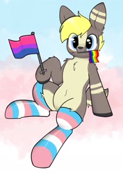 Size: 2184x3084 | Tagged: safe, artist:itsmeelement, oc, oc:canvas, deer, pony, abstract background, belly button, bisexual, bisexual pride flag, clothes, cute, flag, fluffy, pride, pride flag, socks, solo, striped socks, transgender