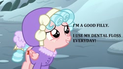 Size: 1280x720 | Tagged: safe, edit, edited screencap, screencap, cozy glow, pegasus, pony, frenemies (episode), blatant lies, cozybetes, cute, dental hygiene, female, filly, good girl, wholesome