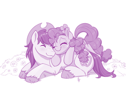 Size: 1280x977 | Tagged: safe, artist:dstears, bright mac, pear butter, earth pony, pony, atg 2019, couple, cute, eyes closed, female, husband and wife, male, mare, monochrome, newbie artist training grounds, nuzzling, pony pillow, prone, smiling, stallion