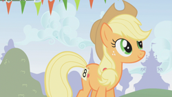 Size: 1280x720 | Tagged: safe, derpibooru import, screencap, applejack, earth pony, pony, fall weather friends, season 1, carousel boutique, female, mare, solo