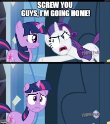 Size: 500x562 | Tagged: safe, derpibooru import, edit, edited screencap, screencap, rarity, twilight sparkle, pony, unicorn, games ponies play, eric cartman, exploitable meme, insulting rarity, meme, screw you guys i'm going home, south park