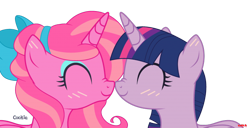 Size: 700x358 | Tagged: safe, artist:_vodka, twilight sparkle, twilight sparkle (alicorn), oc, oc:candy heart, alicorn, pony, unicorn, alicorn oc, alicornified, base used, blushing, boop, bow, canon x oc, eyes closed, female, hair bow, in love, mare, noseboop, race swap, simple background, smiley face, transparent background