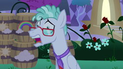 Size: 1920x1080 | Tagged: safe, screencap, feather flatterfly, pegasus, pony, the summer sun setback, anxious, barrel, bush, canterlot, flower, folded wings, glasses, male, necktie, night, open mouth, rose, solo, tree, wings