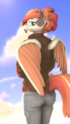 Size: 1080x1920 | Tagged: safe, artist:spinostud, oc, oc:tomyum, anthro, pegasus, 3d, clothes, female, headset, looking at you, looking back, looking back at you, mare, source filmmaker