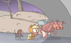 Size: 1280x776 | Tagged: safe, artist:switchy, derpibooru import, applejack, winona, cow, dog, earth pony, pony, bandana, brahmin, crossover, fallout, female, mare, multiple heads, tongue out, travelling, two heads, udder