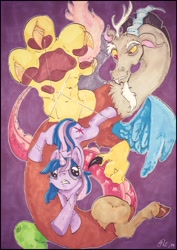 Size: 1505x2129 | Tagged: safe, artist:thefredricus, discord, twilight sparkle, draconequus, pony, unicorn, claws, clenched teeth, duo, evil grin, female, grin, ink drawing, looking at each other, looking back, looking down, male, mare, marker drawing, misleading thumbnail, puppet strings, puppeteer, purple background, simple background, smiling, tangled up, traditional art, worried