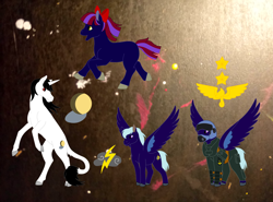 Size: 2846x2107 | Tagged: safe, artist:chili19, oc, oc only, oc:moonshadow, oc:thunder cloud, oc:twilight sparkle, earth pony, pegasus, pony, unicorn, abstract background, bow, clothes, colored hooves, earth pony oc, female, hair bow, helmet, horn, leonine tail, looking back, male, mare, pegasus oc, rearing, spread wings, stallion, unicorn oc, wings