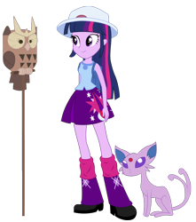 Size: 816x925 | Tagged: safe, artist:maretrick, owlowiscious, twilight sparkle, equestria girls, backpack, ball, espeon, hat, noctowl, pokémon