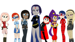 Size: 1440x810 | Tagged: safe, artist:lhenao, alien, demon, human, hybrid, ladybug, fanfic:equestria nexus girls, equestria girls, avatar, barely eqg related, belly button, ben 10 omniverse, crossover, equestria girls style, equestria girls-ified, genie, group, gwen tennyson, huntress, kat, korra, kunoichi, marinette dupain-cheng, miraculous ladybug, naruto shippuden, raven (teen titans), ruby rose, rwby, sakura haruno, shantae, shantae (character), shantae: half-genie hero, simple background, superhero, teen titans, the legend of korra, transparent background