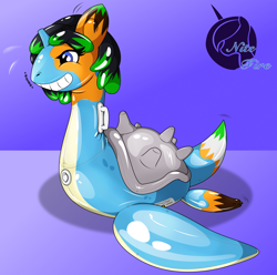 Size: 2650x2626 | Tagged: safe, artist:nitefire, oc, oc only, pony, unicorn, crossover, grin, horn, inanimate tf, inflatable, inflatable toy, lapras, pokefied, pokémon, signature, smiling, species swap, transformation, unicorn oc