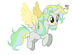 Size: 600x462 | Tagged: safe, artist:thesmall-artist, oc, oc:golden daze, oc:golden star, oc:water star, alicorn, pony, alicorn oc, colored wings, female, fusion, golden eyes, gradient wings, magic, magic aura, mare, simple background, smiling, solo, spread wings, transparent background, wings