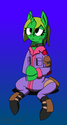 Size: 1251x2322 | Tagged: safe, artist:derpanater, oc, oc only, oc:lime dream, pony, unicorn, fallout equestria, clothes, collar, commission, digital art, gradient background, jumpsuit, solo