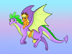 Size: 2491x1870 | Tagged: safe, artist:bellbell123, derpibooru import, applejack, spike, dragon, earth pony, pony, applespike, cute, female, flying, male, older, older spike, ponies riding dragons, riding, shipping, straight, winged spike