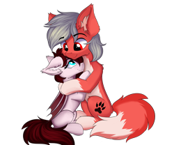 Size: 1440x1200 | Tagged: safe, artist:lunar froxy, oc, oc only, bat pony, wolf pony, cheek fluff, ear fluff, hug, simple background, smiling, transparent background