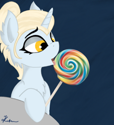 Size: 1080x1189 | Tagged: safe, artist:kotwitz, oc, oc only, oc:aria taitava, pony, unicorn, abstract background, bedroom eyes, candy, fluffy, food, hair bun, licking, lollipop, makeup, tongue out