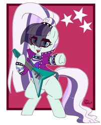 Size: 2100x2600 | Tagged: safe, artist:notenoughapples, coloratura, earth pony, pony, bipedal, clothes, countess coloratura, female, guitar, jacket, mare, musical instrument, simple background, solo