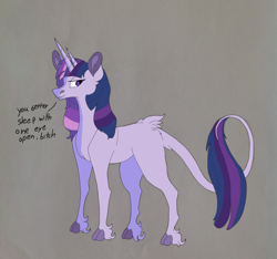 Size: 1936x1815 | Tagged: safe, artist:nightshade2004, oc, oc only, oc:twilight zone, bicorn, classical unicorn, pony, unicorn, bitch, cloven hooves, female, gray background, leonine tail, mare, parent:sci-twi, parent:twilight sparkle, parents:twitwi, simple background, solo, this is for emphasis bitch, unshorn fetlocks, vulgar