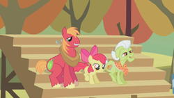 Size: 1280x720 | Tagged: safe, screencap, apple bloom, big macintosh, granny smith, earth pony, pony, fall weather friends, bleachers, female, filly, foal, grandmother and grandchild, male, mare, stallion, trio